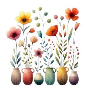 May include: A watercolor illustration of a bouquet of colorful flowers in various shades of pink, red, yellow, and orange, arranged in a row of six different patterned ceramic vases.