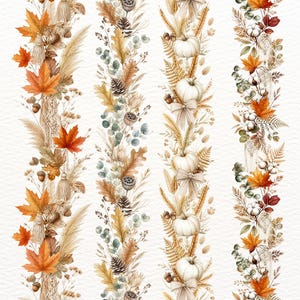 May include: Four vertical decorative borders featuring watercolor illustrations of autumn elements including orange maple leaves, white pumpkins, pinecones, acorns, dried wheat stalks, pampas grass, and green eucalyptus sprigs arranged in repeating patterns.