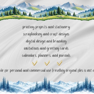 Puede incluir: Un dise&ntilde;o digital con una escena de monta&ntilde;a y bosque en acuarela en la parte superior e inferior. El texto en el centro enumera los usos para proyectos de impresi&oacute;n, scrapbooking, dise&ntilde;o digital, invitaciones y calendarios. Apto para uso personal y comercial.