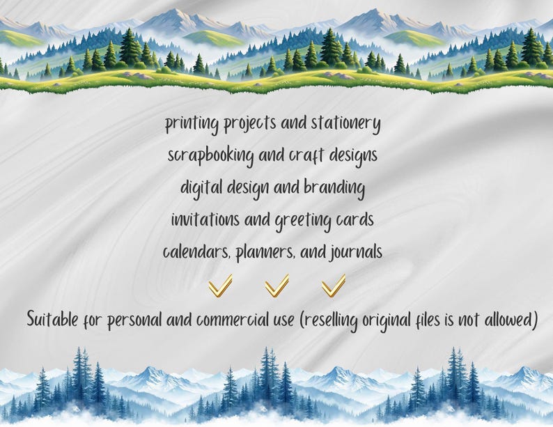 Puede incluir: Un dise&ntilde;o digital con una escena de monta&ntilde;a y bosque en acuarela en la parte superior e inferior. El texto en el centro enumera los usos para proyectos de impresi&oacute;n, scrapbooking, dise&ntilde;o digital, invitaciones y calendarios. Apto para uso personal y comercial.