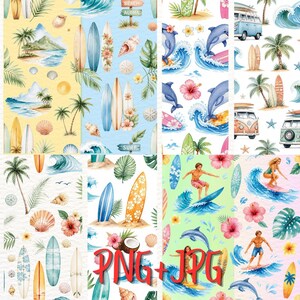May include: A digital pattern collection featuring tropical beach themes with surfboards, palm trees, hibiscus flowers, seashells, dolphins, vintage vans, and people surfing. The designs include various pastel backgrounds and the red text PNG + JPG.