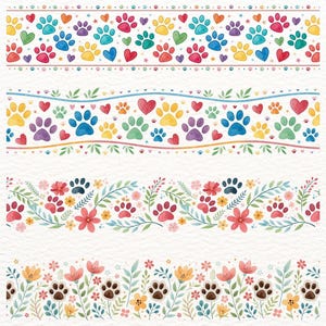 May include: Watercolor designs featuring colorful paw prints, hearts, and floral patterns. The designs include rows of paw prints in various colors, interspersed with hearts and flowers, creating a cheerful and decorative aesthetic.