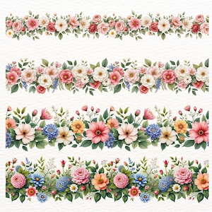 May include: Watercolor floral border designs featuring a variety of flowers in shades of pink, red, yellow, and blue, with green leaves. The designs are arranged in horizontal bands, perfect for crafting or design projects.