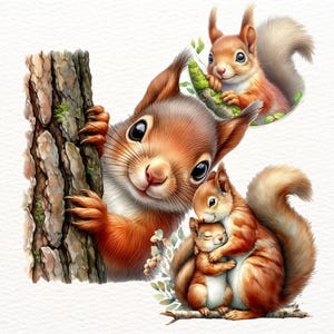 11 Watercolor Squirrel Clipart | Cute Autumn Squirrels with Acorns & Leaves | Fall Woodland Animal PNG for Scrapbooking, Printing