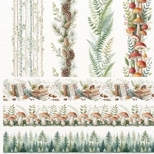 Könnte beinhalten: Aquarellillustrationen von Naturmotiven. Designs umfassen Birken, Tannenzapfen, Farne, Pilze, Bücher, Eicheln und einen Wald aus immergrünen Bäumen. Die Bordüren sind in Grün-, Braun- und Weißtönen gehalten.