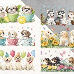 Puede incluir: Ilustraciones en acuarela de cachorros en tazas de t&eacute;, entre girasoles y con gorros de fiesta. Los cachorros son de varias razas y colores, con un estilo caprichoso y alegre. Las tazas de t&eacute; son de colores pastel con rodajas de lim&oacute;n y hojas de menta.