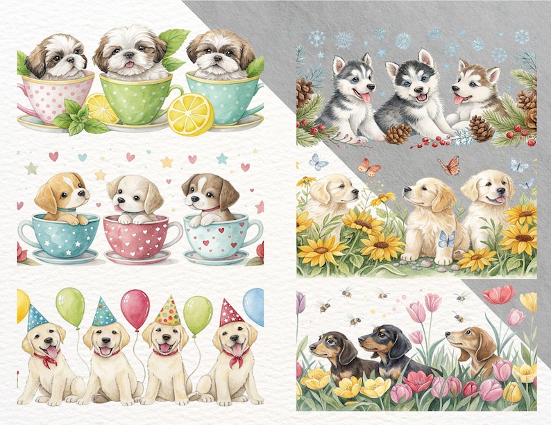 Puede incluir: Ilustraciones en acuarela de cachorros en tazas de t&eacute;, entre girasoles y con gorros de fiesta. Los cachorros son de varias razas y colores, con un estilo caprichoso y alegre. Las tazas de t&eacute; son de colores pastel con rodajas de lim&oacute;n y hojas de menta.