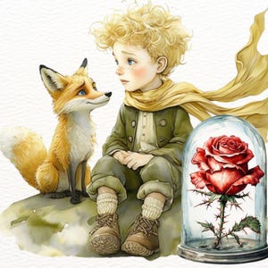 Peut inclure: Illustration à l'aquarelle d'un jeune garçon aux cheveux blonds, d'un renard et d'une rose rouge dans un dôme en verre. Le garçon porte une veste verte, un pantalon et des bottes marron. Le renard a une fourrure orange. La rose a des épines vertes.