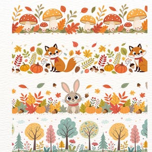 Pode incluir: Uma ilustração fantasiosa com três faixas horizontais com designs de outono. A faixa superior mostra cogumelos e folhagens de outono. A faixa do meio retrata uma raposa com abóboras e bolotas. A faixa inferior inclui um coelho, abóboras e árvores.