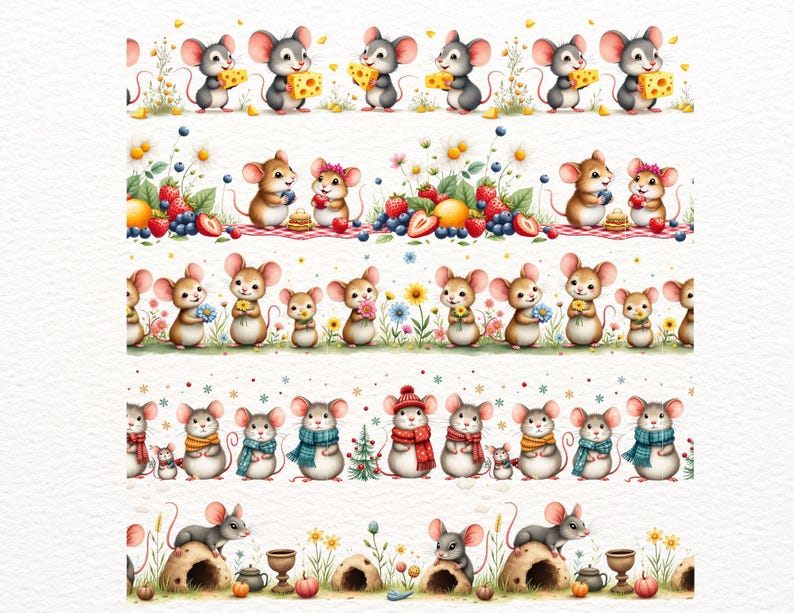 22 Seamless Mouse Borders Clipart | Floral Mouse Continuous Border PNG ...