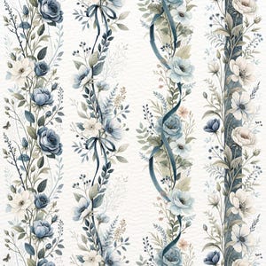 May include: Watercolor floral border design featuring blue and white roses, anemones, and greenery. The vertical patterns include ribbons and delicate sprigs, creating an elegant and romantic aesthetic. Perfect for invitations, stationery, or decorative elements.