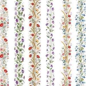 14 bordures florales verticales sans couture, coquelicot, marguerite, myosotis, ornement floral aquarelle, PNG, bordure numérique, clipart floral, papier numérique