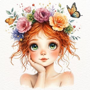 Whimsical Girl Clipart PNG, 12 süße Mädchen mit Blumen und Schmetterlingen, 300 DPI Illustration, zauberhafter Mädchen Sticker, Fantasy Clipart
