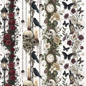 16 bordures gothiques verticales sans couture, ornements sombres et macabres au format PNG, bordures horreur sans couture, cliparts gothiques numériques pour scrapbooking et journal