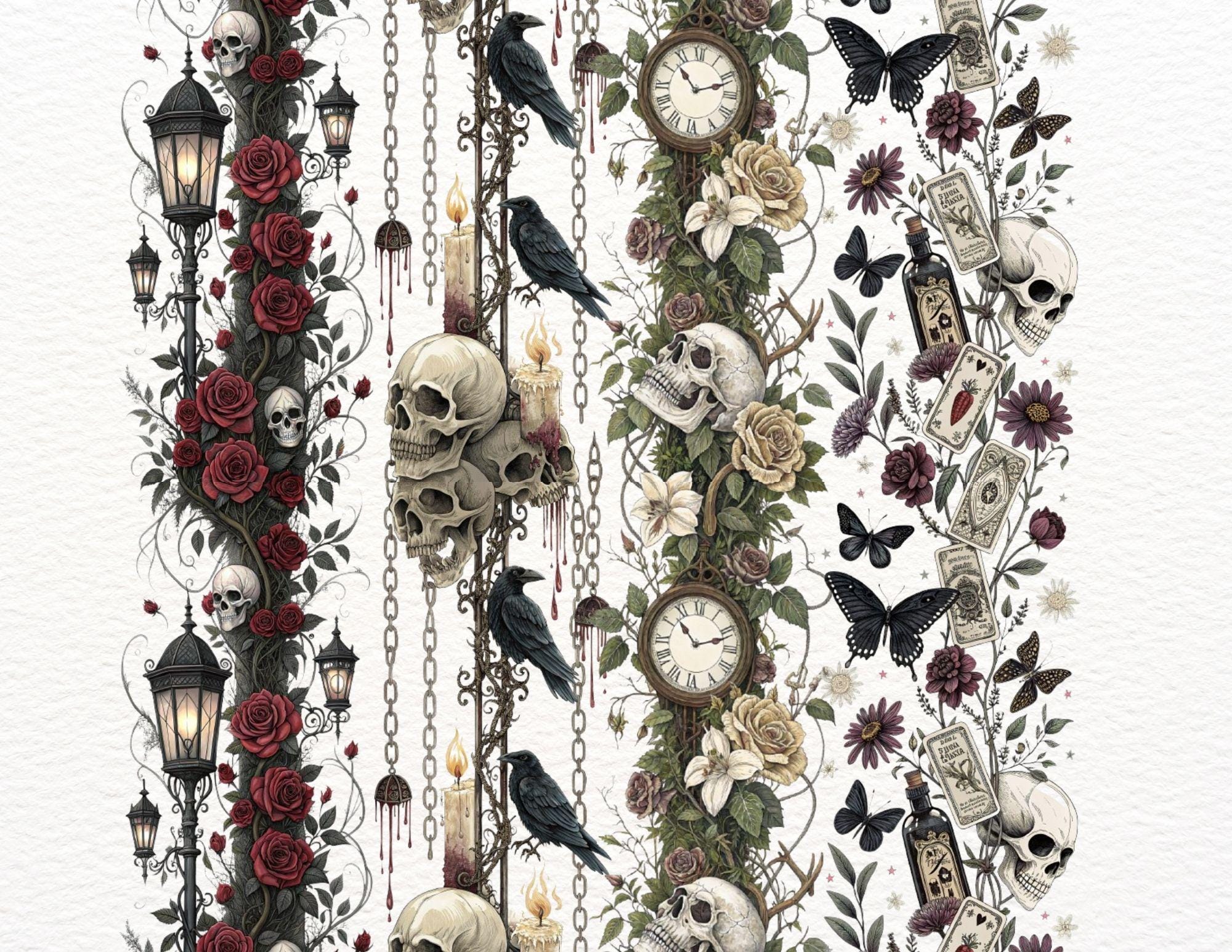 16 Vertical Seamless Gothic Borders, Macabre Dark Ornament PNG, Horror Seamless Trim, Digital Gothic Clipart for Scrapbooking, Journal