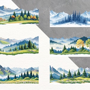 Puede incluir: Impresiones art&iacute;sticas de paisajes en acuarela con cadenas monta&ntilde;osas, &aacute;rboles de hoja perenne y follaje colorido. La obra de arte muestra un entorno natural sereno con un estilo art&iacute;stico suave. Ideal para la decoraci&oacute;n del hogar.