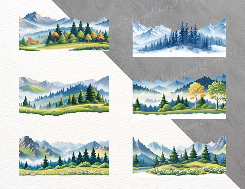 Puede incluir: Impresiones art&iacute;sticas de paisajes en acuarela con cadenas monta&ntilde;osas, &aacute;rboles de hoja perenne y follaje colorido. La obra de arte muestra un entorno natural sereno con un estilo art&iacute;stico suave. Ideal para la decoraci&oacute;n del hogar.