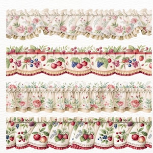 Op de afbeelding: Vier decoratieve gordijnen met bloemen- en fruitpatronen. De bovenste en derde gordijnen hebben rozen en bladeren op een crèmekleurige achtergrond. De tweede en vierde gordijnen tonen kersen, aardbeien en bosbessen op een crèmekleurige achtergrond met een rode rand.