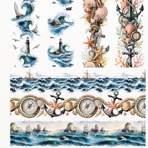 Op de afbeelding: Waterverfillustraties van nautische elementen. De afbeelding toont golven, zeilboten, vuurtorens, schelpen, ankers, kompassen en zeesterren. Het kleurenpalet omvat tinten blauw, bruin en wit, wat een kustthema oproept.