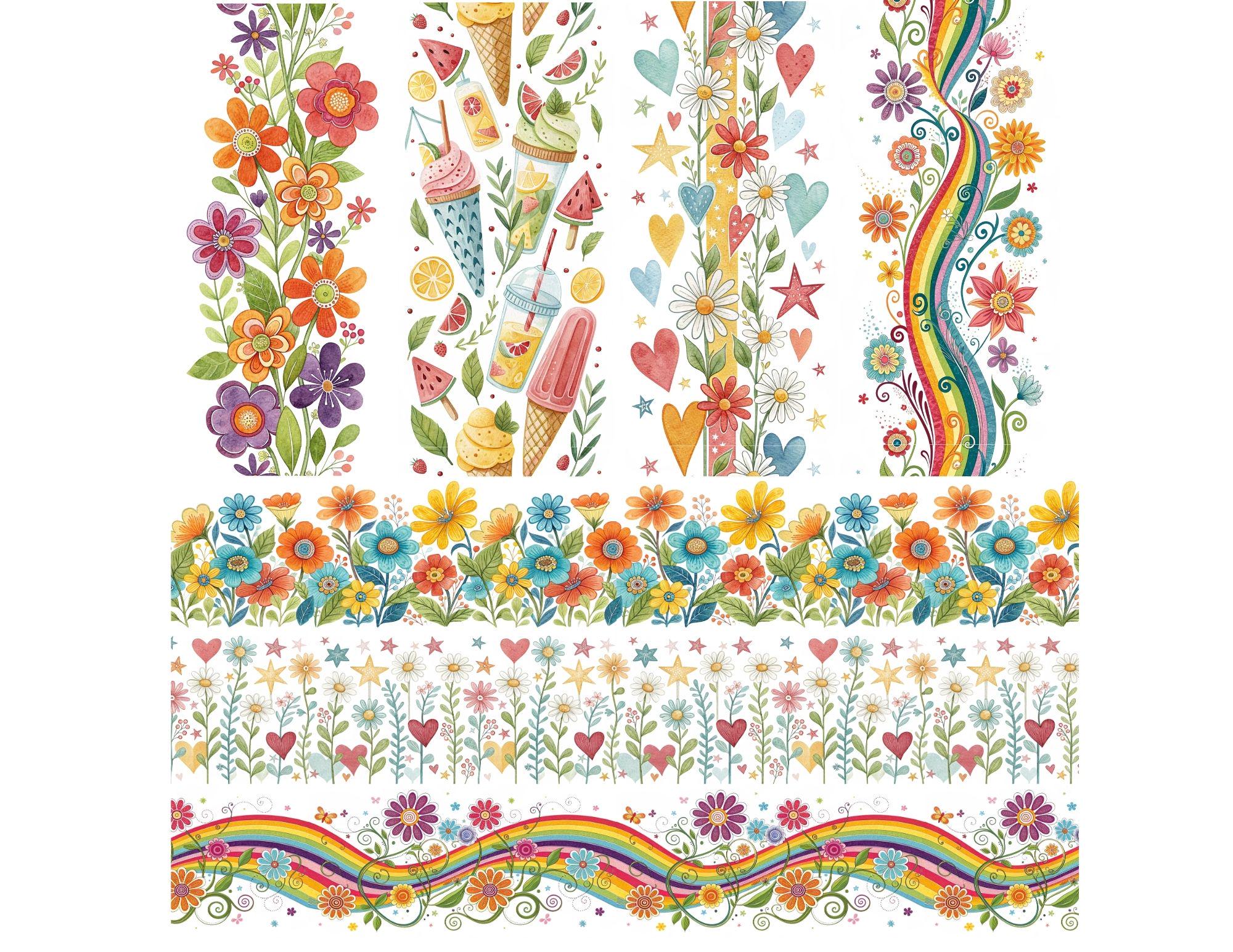 Groovy Summer 60s Seamless Border Clipart, Retro Floral Border PNG