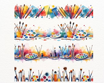 May include: A watercolour illustration of art supplies. The image shows paint palettes, jars filled with brushes, and paint bottles. The colour palette includes vibrant hues of red, yellow, blue, and green, with watercolour splashes. The overall theme is art and creativity.