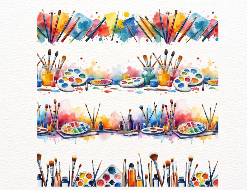 11 Seamless Artist Borders Clipart | Paints, Brushes & Palette ...