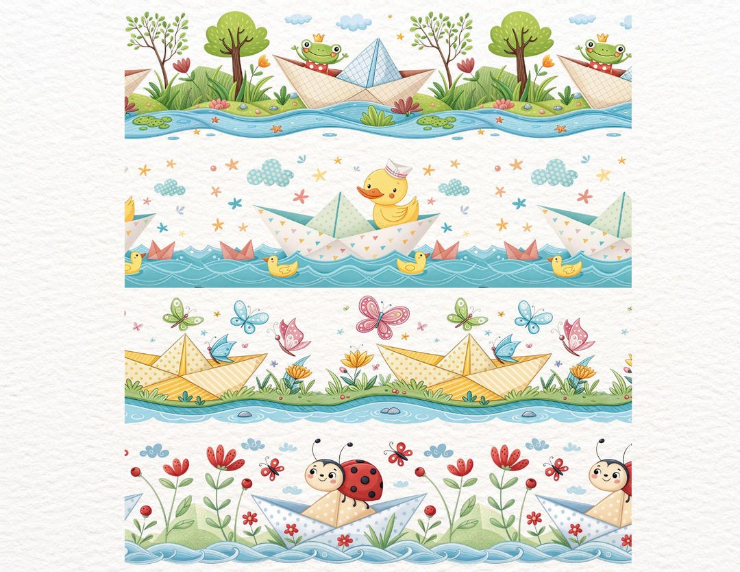 20 Cute Kids Seamless Borders | Cartoon Animals Paper Boat Duck Ladybug ...