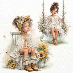 May include: Watercolor illustration of two young girls. One sits on a wooden chair, the other on a swing decorated with flowers. Both wear white dresses with lace trim and brown boots or sandals. Sunflowers and butterflies add to the whimsical scene.