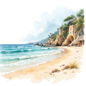 14 Strand Clipart, Tropische Meeresküste, Palme, Yacht, Sommer PNG, Ozean digitale Kunst, Druckbares Meer, nautisches Thema PNG, Urlaubs-Scrapbook