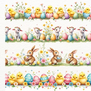 May include: Watercolor illustrations of Easter-themed borders. The borders feature yellow chicks, pastel-colored eggs, lambs, and brown bunnies holding baskets. The designs are set against a backdrop of flowers and greenery, perfect for spring.