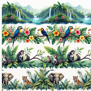 Può includere: Una vivace illustrazione ad acquerello con quattro bande orizzontali a tema tropicale. La banda superiore raffigura una scena di cascata. La seconda banda mostra pappagalli e tucani. La terza banda mostra scimmie. La banda inferiore presenta elefanti e tigri.