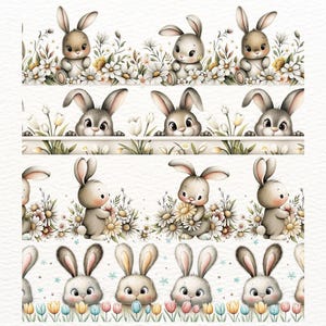 Puede incluir: Ilustración en acuarela de conejitos de Pascua en varias poses. Los conejitos están representados en colores pastel suaves, rodeados de flores y vegetación. El diseño se repite en un patrón, adecuado para manualidades y decoraciones.