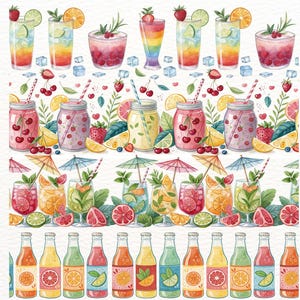 Bordes de bebidas veraniegas con estilo: 18 imágenes prediseñadas de acuarela sin costuras, estilo playero, imágenes prediseñadas de cócteles de playa, imágenes prediseñadas de verano con estilo, bebidas tropicales