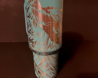 40oz tumbler powdercoat with a mountain scene etched all around, mountains, moon, trees, outdoor, 40oz cup, laser etch, full wraparound etch