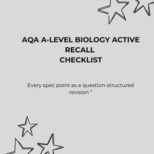 May include: A light gray graphic with the text "AQA A-LEVEL BIOLOGY ACTIVE RECALL CHECKLIST". The text "Every spec point as a question-structured revision" is also present. The image includes star and bee illustrations.
