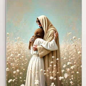 His Healing Love, Christian Wall Art, Jesus Hugging Woman, Jesus Prints, Catholic Art, Bible Wall Art, Jesus with Girl, Picture of Jesus