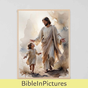 May include: Watercolor print of a figure in white robes with outstretched arms, smiling at a child running towards them. The child is also wearing white robes. The background has soft, muted tones. The text "BibleInPictures" is at the bottom.