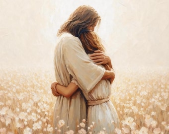 Love of Christ, Modern Christian Art, Jesus Hugging Girl, Jesus Wall Art, LDS Art, Jesus with Woman, Jesus Painting, Jesus Prints, Bible Art