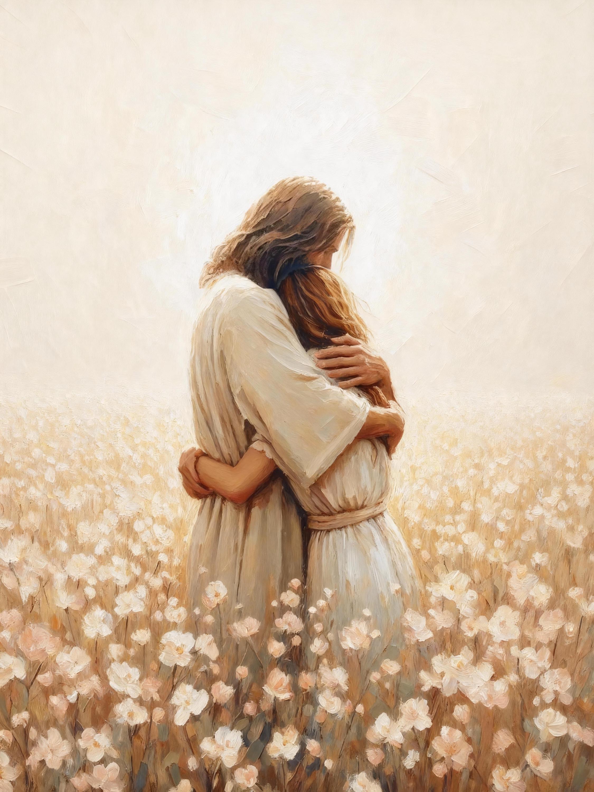 Love of Christ, Modern Christian Art, Jesus Hugging Girl, Jesus