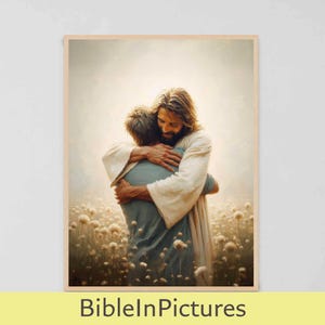 May include: A framed print depicts a tender embrace between two figures in a field of white flowers. One figure, in a white robe, embraces another in a blue shirt. The image has a soft, warm color palette and the text "BibleInPictures" is at the bottom.