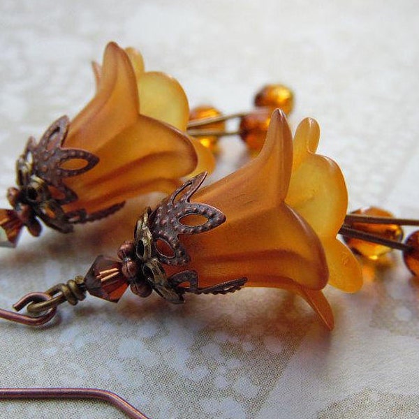 Nature Jewelry Cinnamon Flower Earrings with Lucite Flowers, Czech Glass and Antiqued Copper