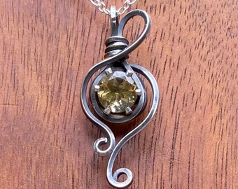 Sterling Silver Citrine Gemstone Pendant Necklace Wire Wrapped