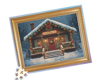 May include: A Christmas-themed jigsaw puzzle featuring a cozy cabin scene. The cabin is decorated with lights, a wreath, and snow. The puzzle is framed in gold and includes the name "Jackson" above the door.