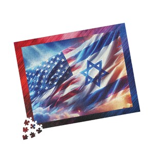 May include: A jigsaw puzzle featuring a design that combines the American and Israeli flags. The puzzle shows the flags waving with a red border and a few loose pieces at the bottom. The puzzle is a patriotic item.