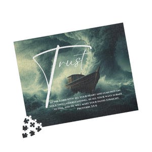 May include: A jigsaw puzzle featuring a boat sailing through stormy waters. The word "Trust" is written in white script across the image. Text from Proverbs 3:5-6 is also included.