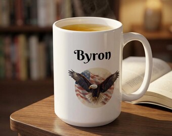Personalized American Bald Eagle with US Flag Coffee Cup