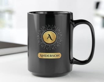 Personalized Monogram Black Coffee Mug, Custom Birthday Gift