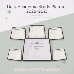 Peut inclure: Un planificateur d'études numérique Dark Academia 2026-2027 pour iPad, Goodnotes et Notability. L'affichage présente une page de couverture centrale avec un motif floral et cinq écrans de tablette montrant des calendriers mensuels et des onglets.