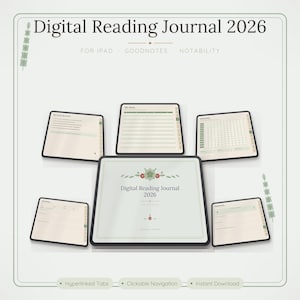 Peut inclure: Un journal de lecture numérique pour 2026 affiché sur des écrans de tablette. L'écran central présente le titre Digital Reading Journal 2026 avec des motifs floraux. Les écrans environnants montrent des pages avec des onglets cliquables.