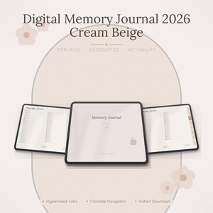 Puede incluir: Un diario de recuerdos digital 2026 en color beige crema para iPad, Goodnotes y Notability. La pantalla muestra una portada central titulada Memory Journal 2026 con un icono de taza de café, flanqueada por dos páginas interiores abiertas.